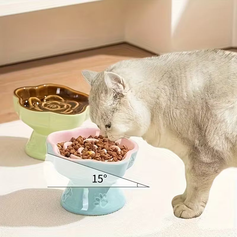 Ceramic Pink and Blue High-Footed Slow Feeder Pet Bowls