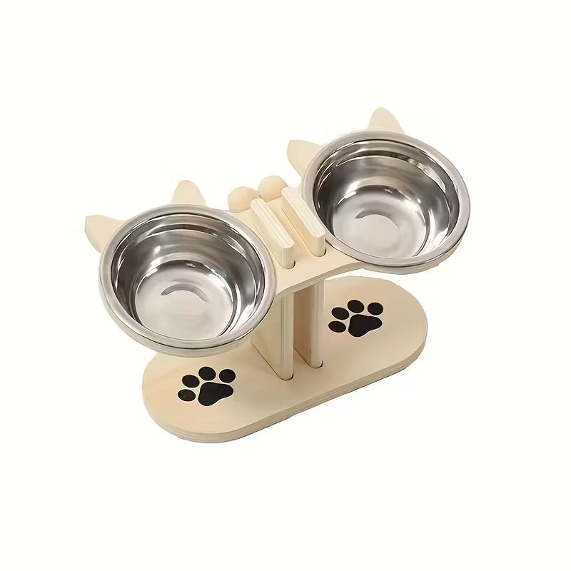 Elevated wood cat feeder with two bowls