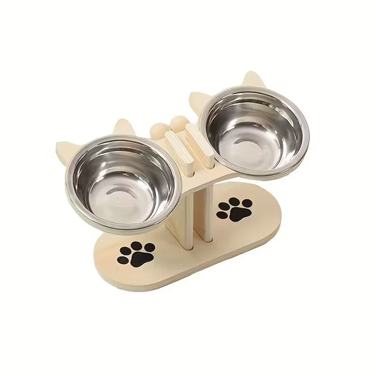 Elevated wood cat feeder with two bowls