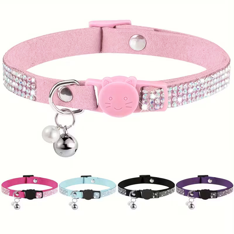 Cute Soft Rhinestone Cat Collar with Bell