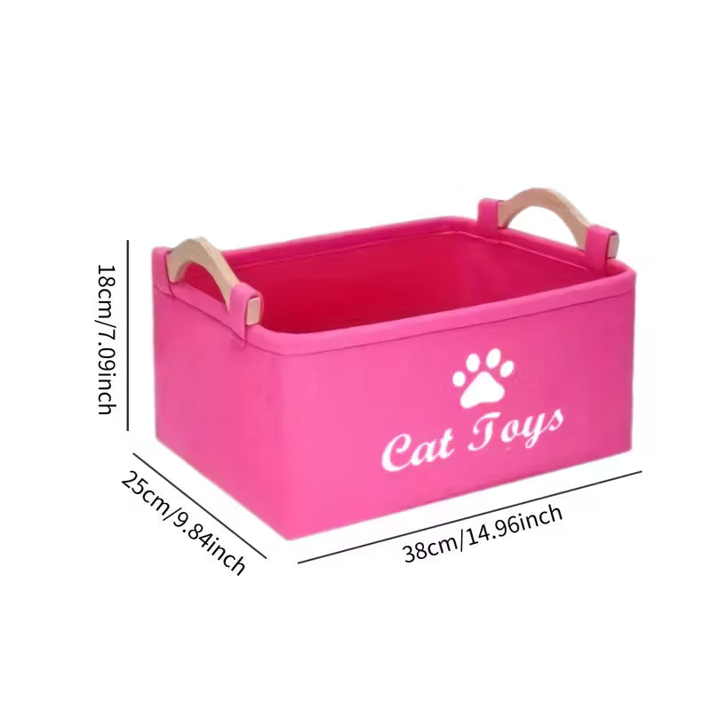 Pink Felt Cat Toy Storage Box with Wooden Handle