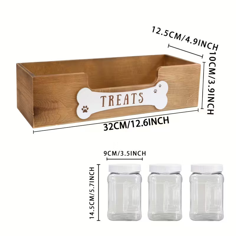 Wooden Dog Treat Storage Organizer with 3 Airtight Jars