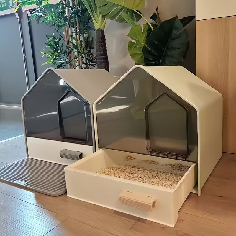 House Shaped Enclosed Cat Litter Box with Drawer and Matt