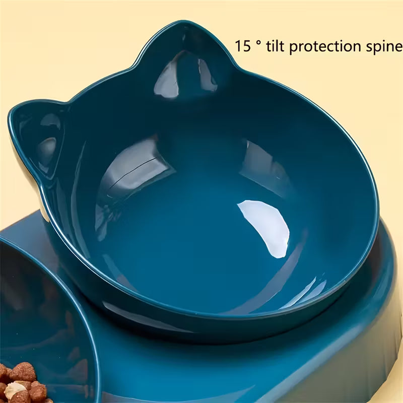 Blue Double Cat Plastic Bowls with Automatic Water Dispenser