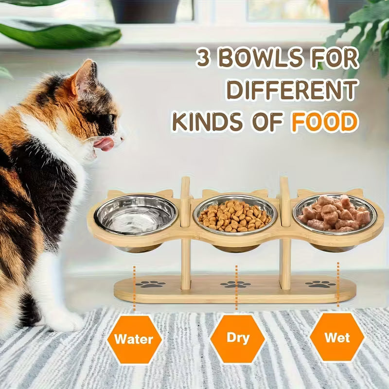 Elevated wood cat feeder with three bowls