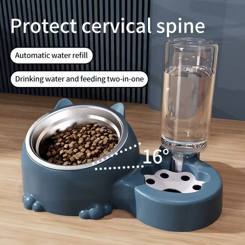 Elevated Blue Cat Double Bowl With Water Dispenser