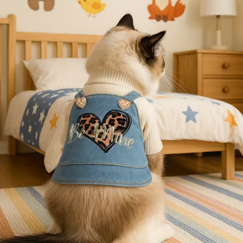 Cute denim overall Cat Top with heart BE MINE