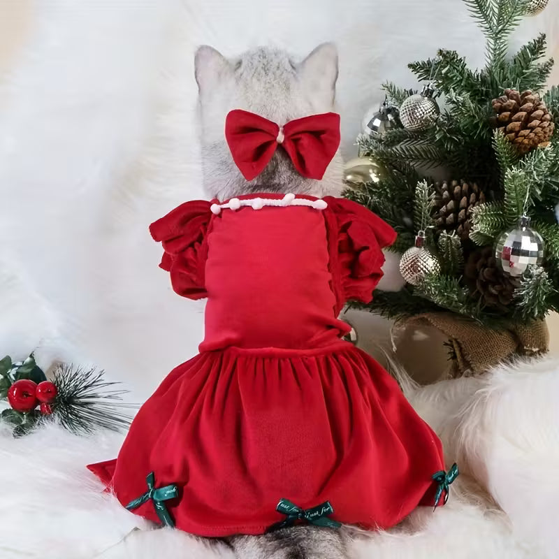 Red Cat Dress with Ruffled Bodice & Flared Bow
