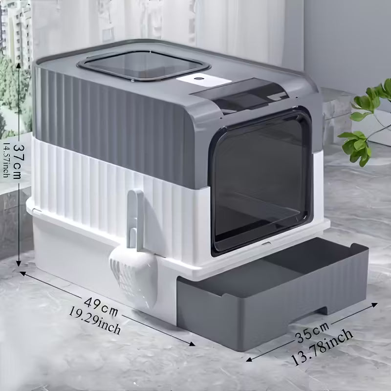 Cat Litter Box Flap Door and Top Entry with Litter Drawer