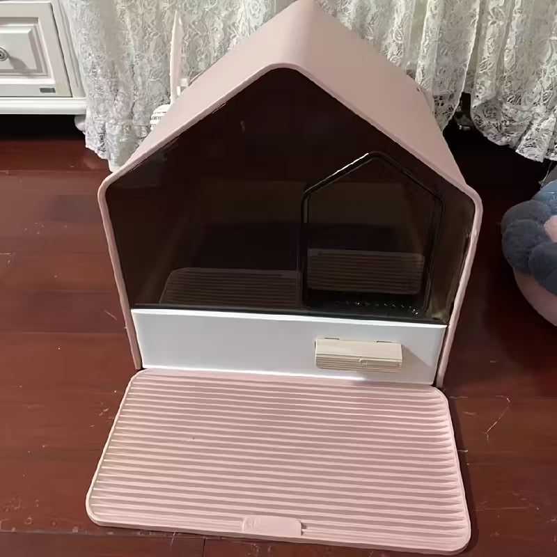 House Shaped Enclosed Cat Litter Box with Drawer and Matt
