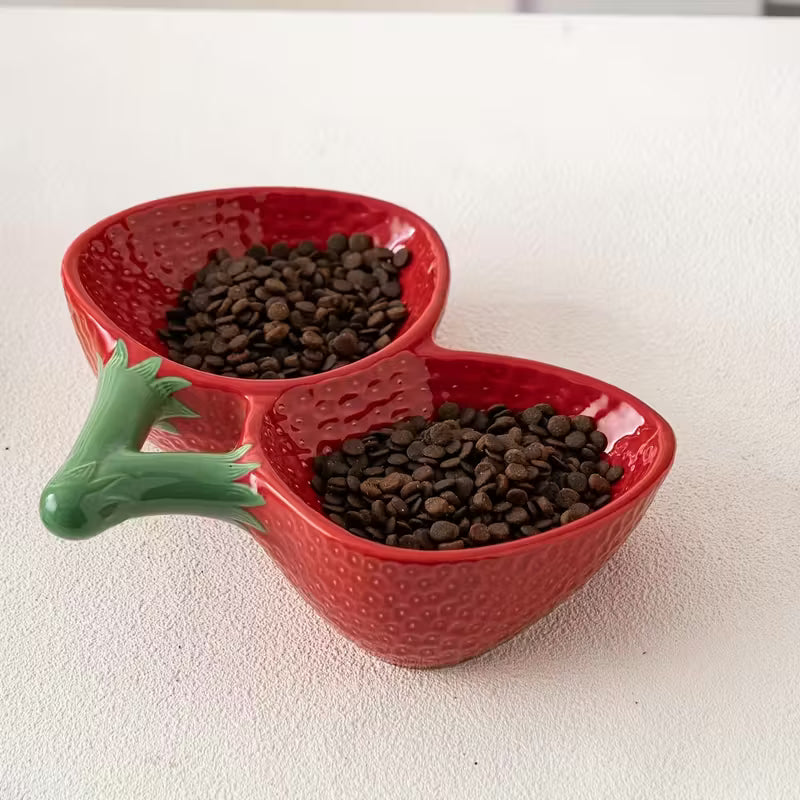 Elevated Ceramic Strawberry Cat Double Bowl