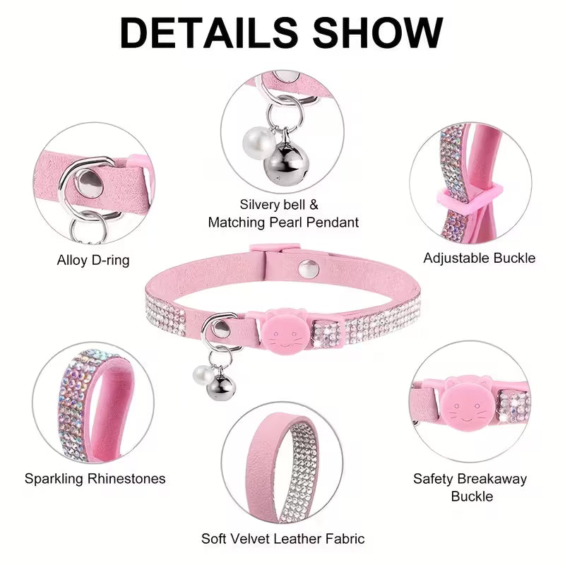 Cute Soft Rhinestone Cat Collar with Bell