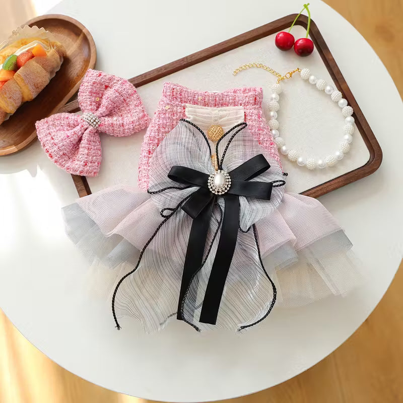 Princess Ruffled Dress with Matching Bow Headpiece & Pearl Necklace