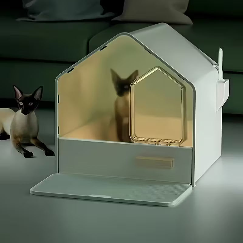 House Shaped Enclosed Cat Litter Box with Drawer and Matt