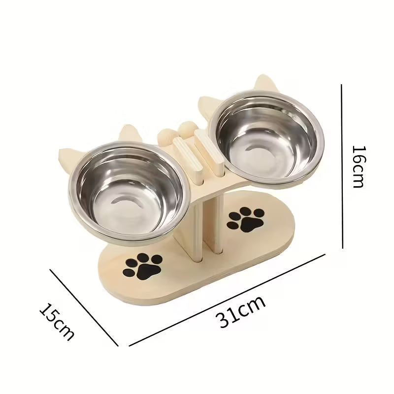 Elevated wood cat feeder with two bowls