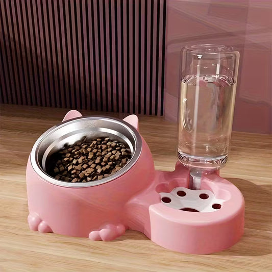 Elevated Pink Cat Double Bowl With Water Dispenser