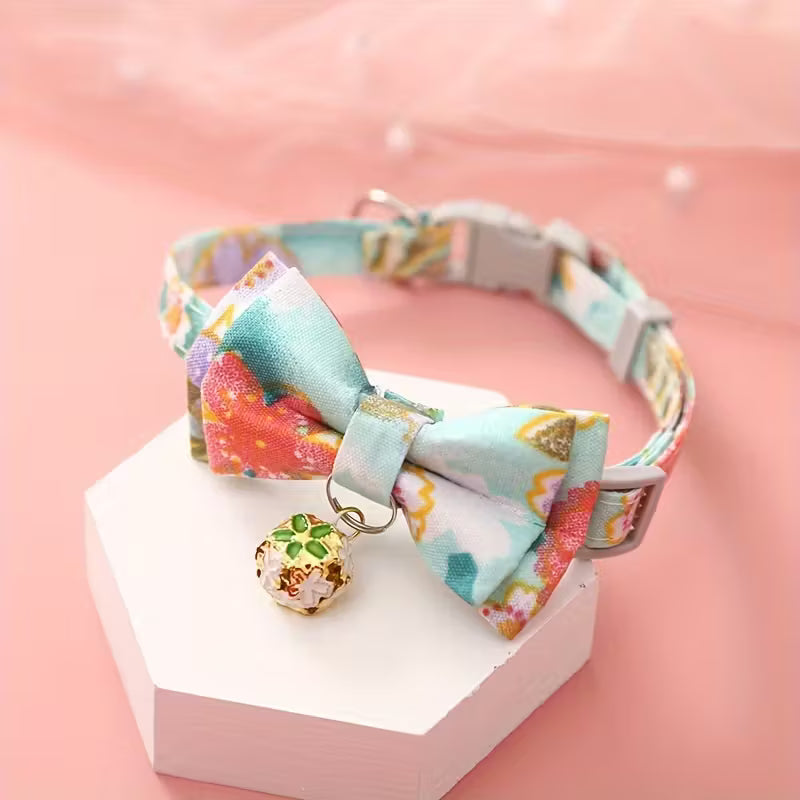 Cat Collar With Floral Print Bow Tie And Bell