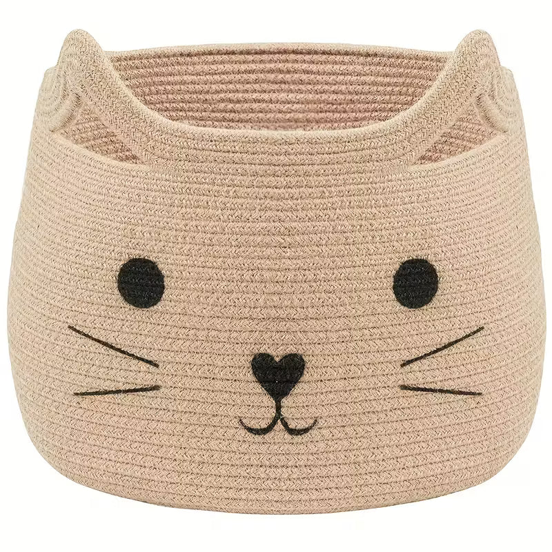 Woven Cat Shaped Storage Basket with Beige Cat Face Design
