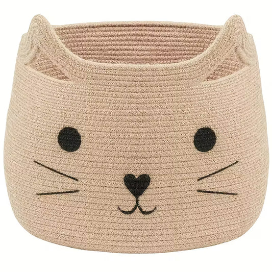 Woven Cat Shaped Storage Basket with Beige Cat Face Design