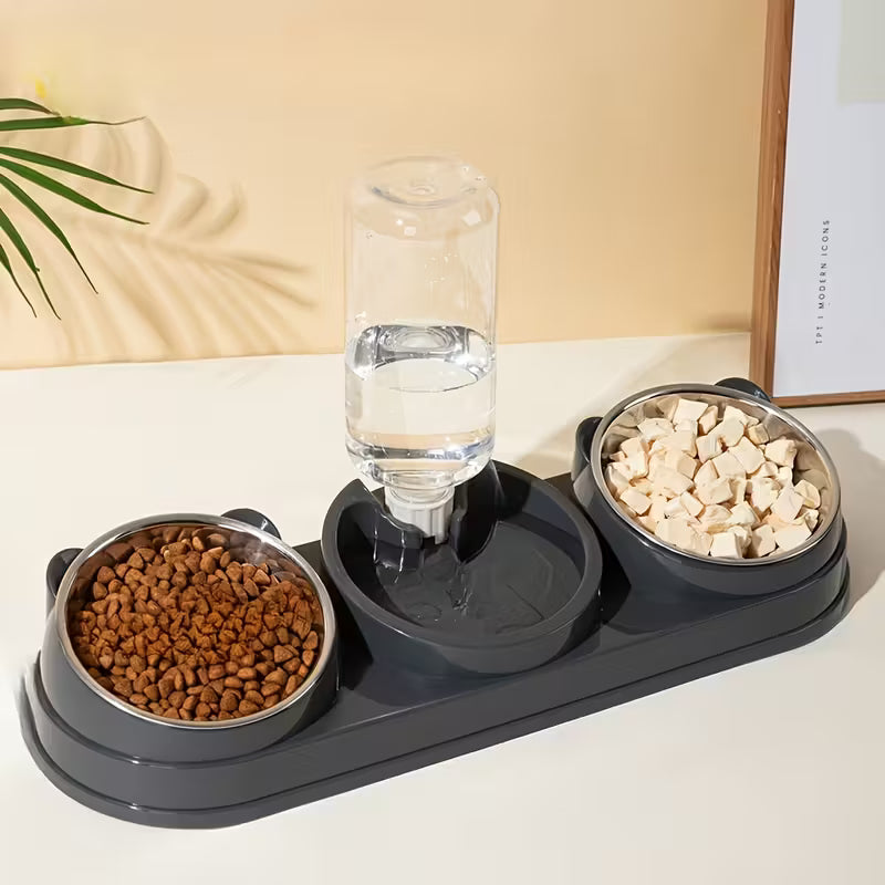 Two In-One Stainless Steel Grey Pet Bowl Set