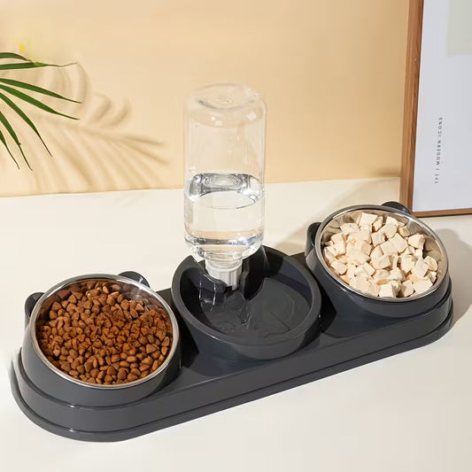 Two In-One Stainless Steel Grey Pet Bowl Set