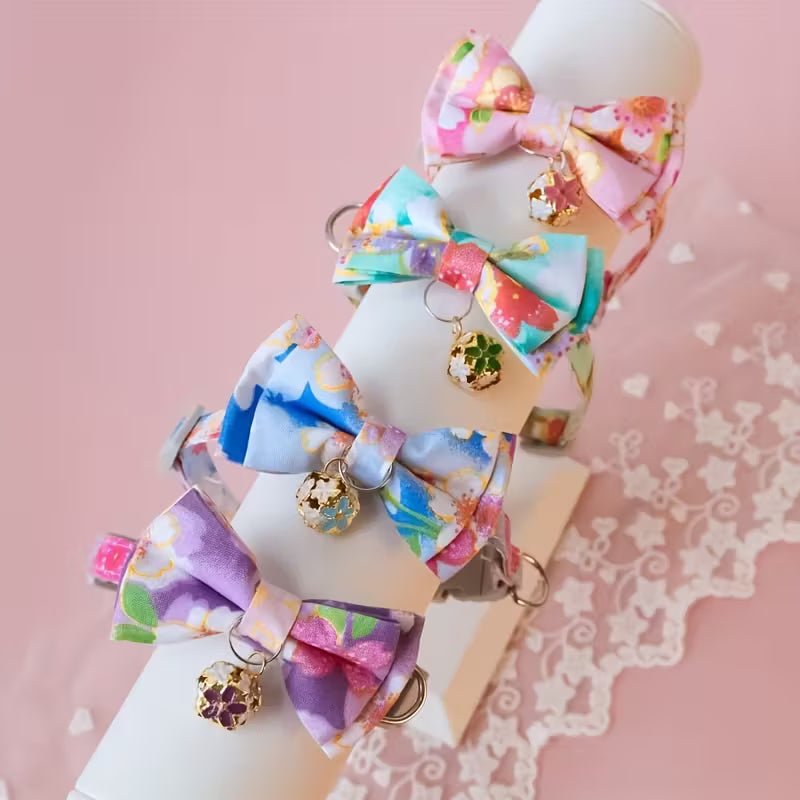 Cat Collar With Floral Print Bow Tie And Bell