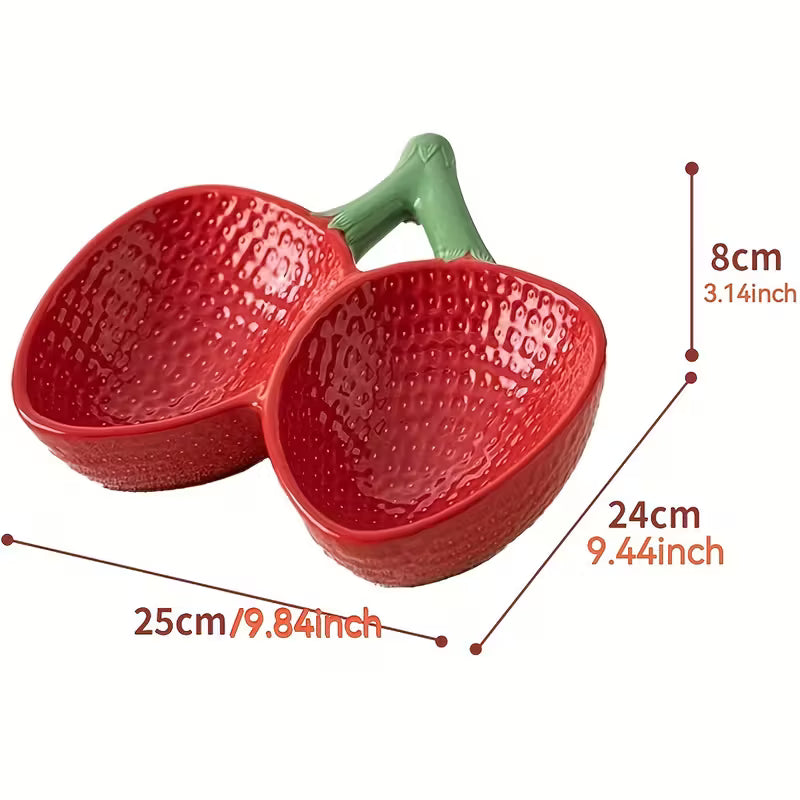 Elevated Ceramic Strawberry Cat Double Bowl
