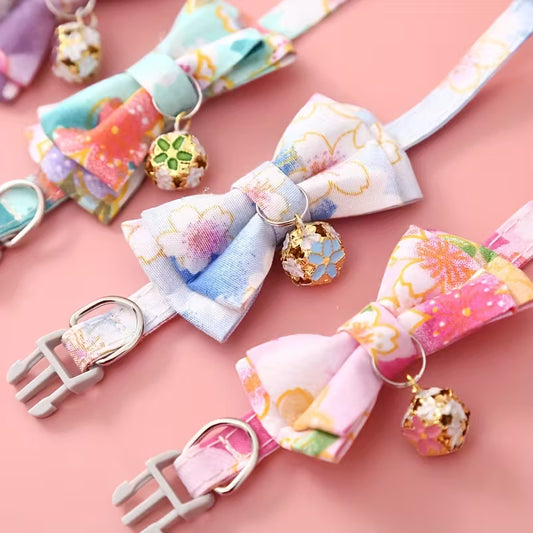 Cat Collar With Floral Print Bow Tie And Bell