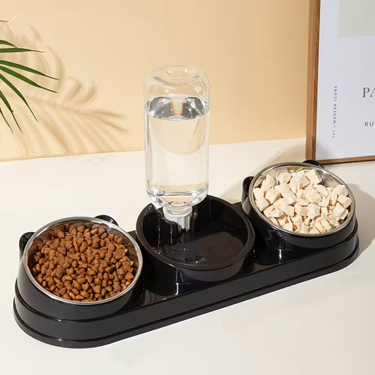 Two In-One Stainless Steel Black Pet Bowl Set