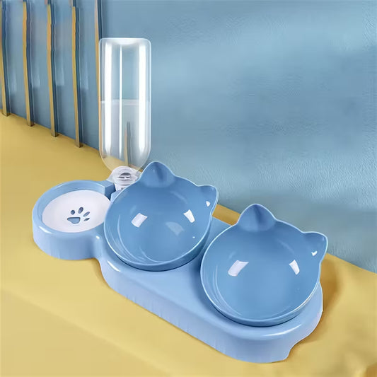 Blue Double Cat Plastic Bowls with Automatic Water Dispenser