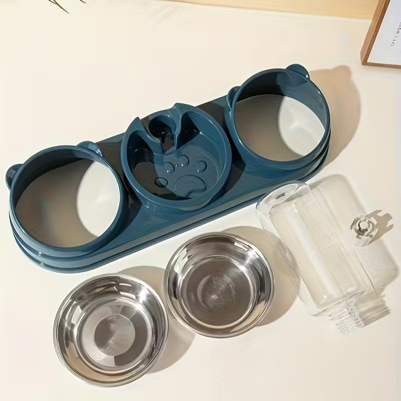 Two In-One Stainless Steel Grey Pet Bowl Set