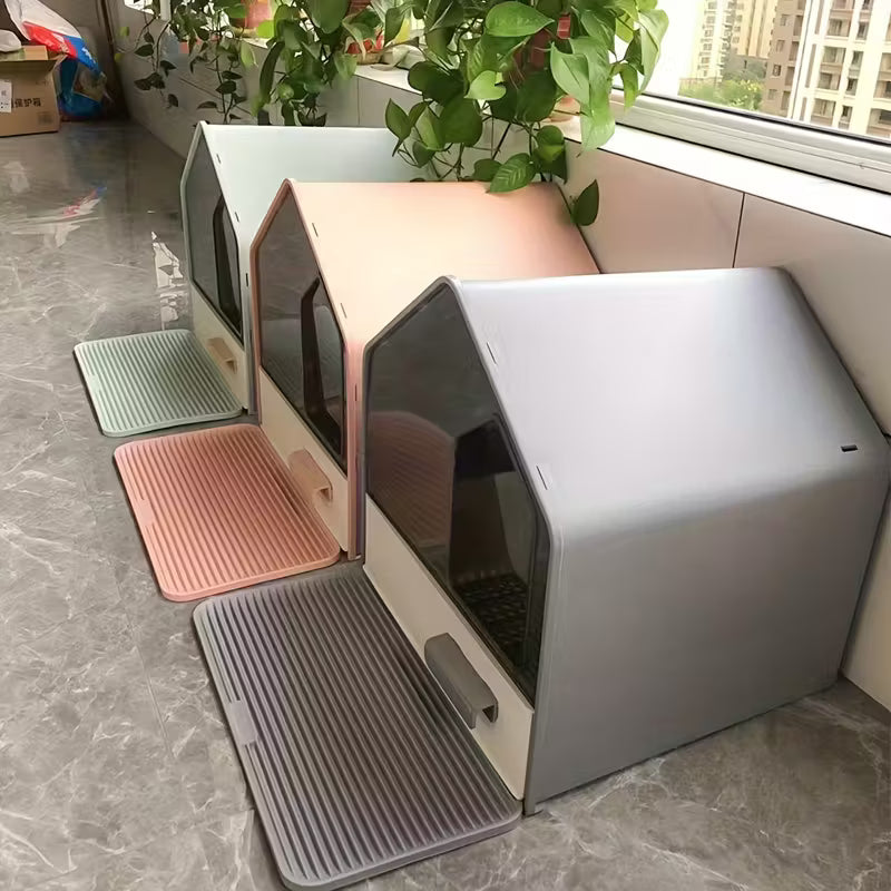 House Shaped Enclosed Cat Litter Box with Drawer and Matt