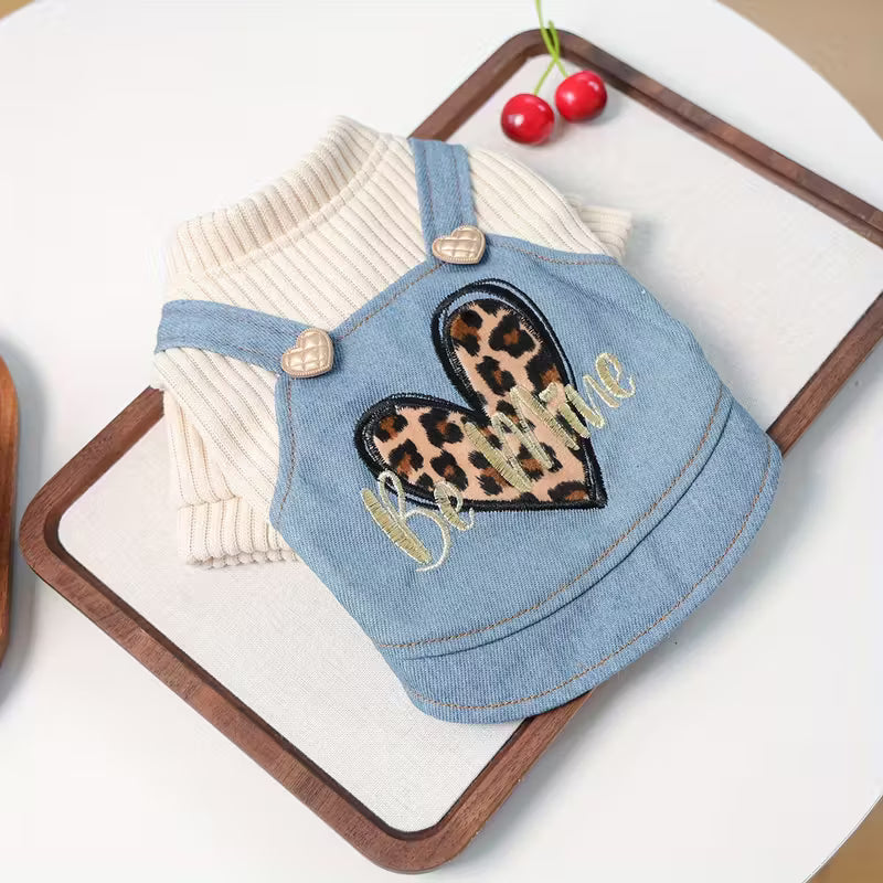 Cute denim overall Cat Top with heart BE MINE