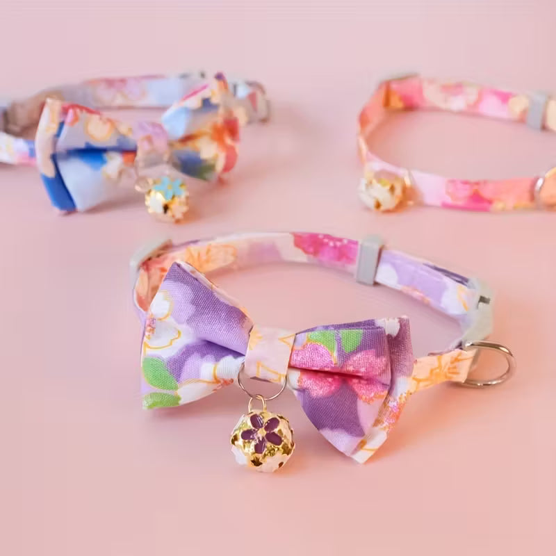 Cat Collar With Floral Print Bow Tie And Bell