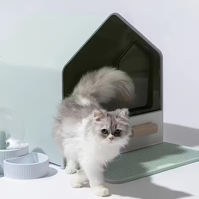 House Shaped Enclosed Cat Litter Box with Drawer and Matt