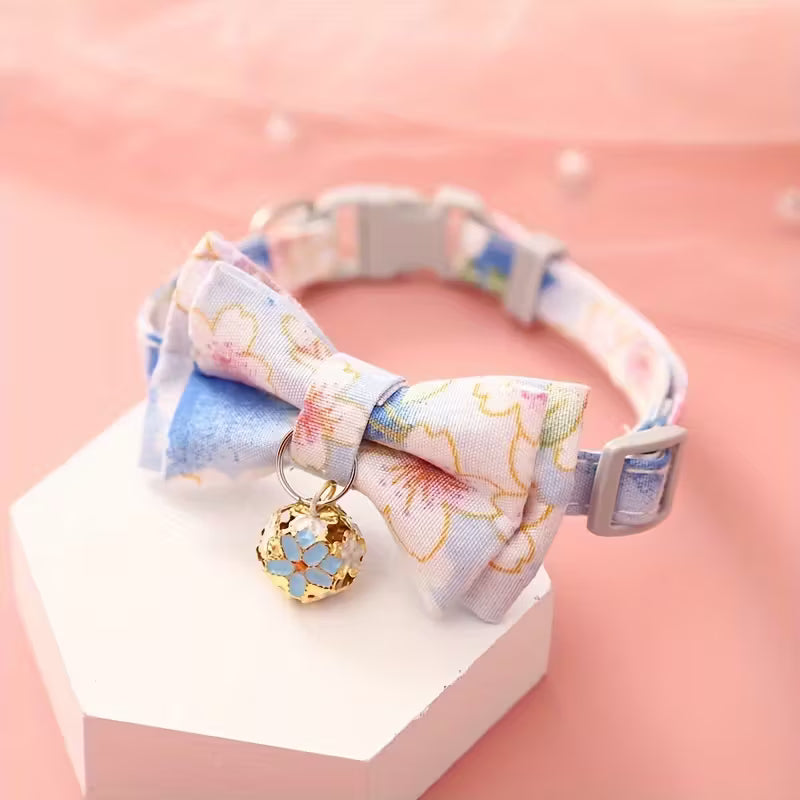 Cat Collar With Floral Print Bow Tie And Bell