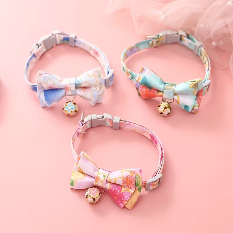 Cat Collar With Floral Print Bow Tie And Bell