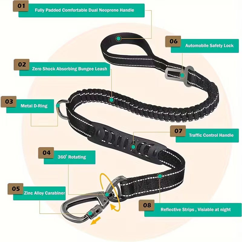 Elastic Shock-Absorbing Dog Leash with Poop Bag Holder