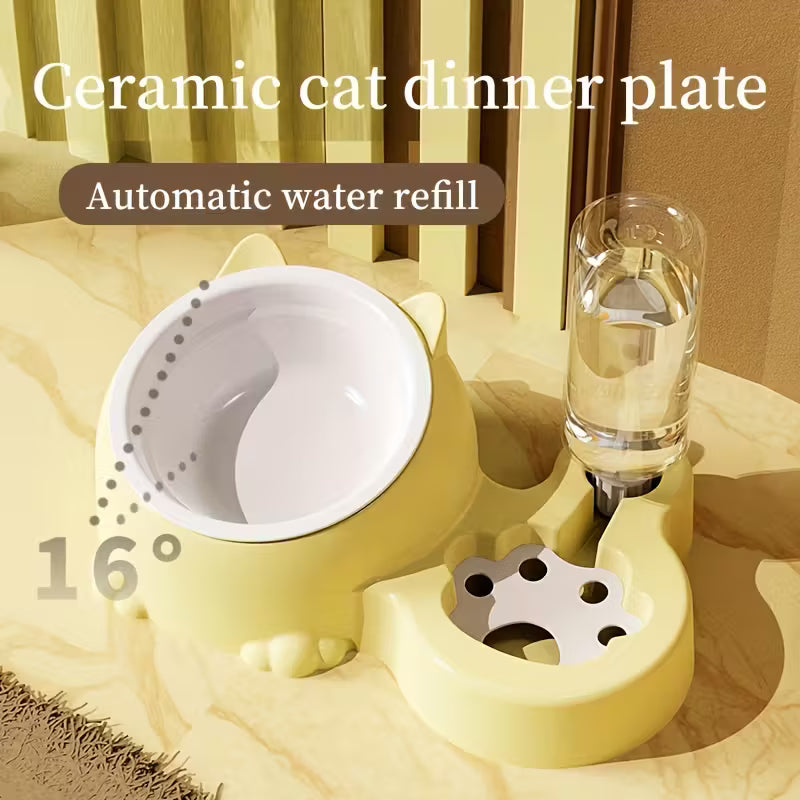 Elevated Yellow Cat Double Bowl With Water Dispenser