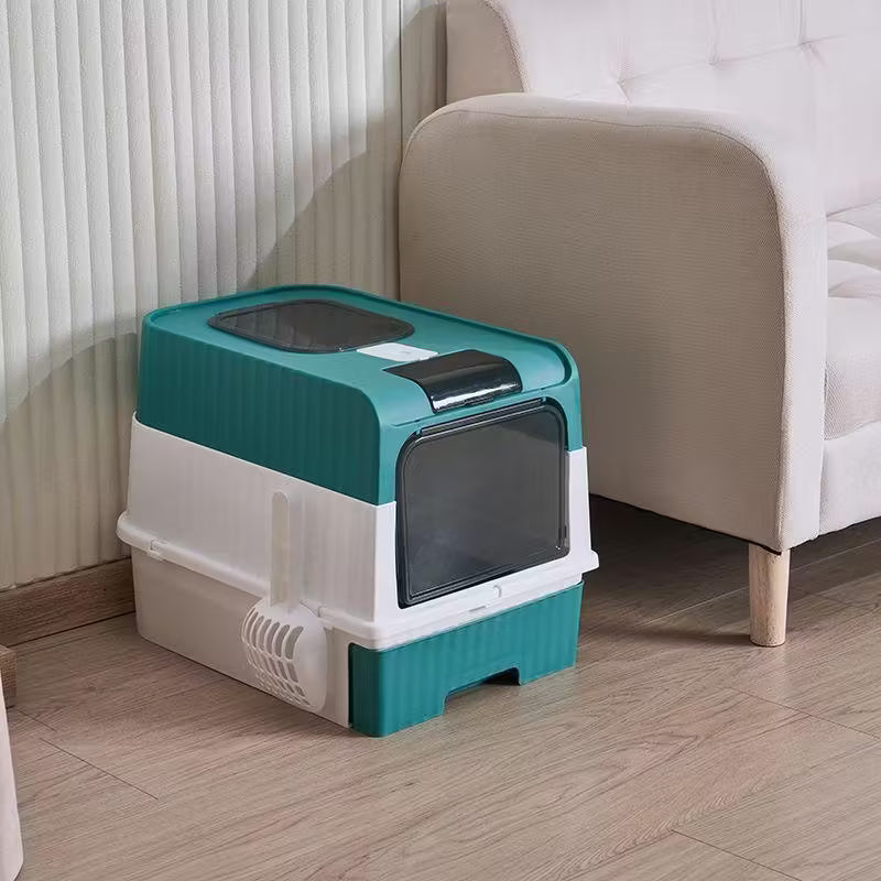 Cat Litter Box Flap Door and Top Entry with Litter Drawer