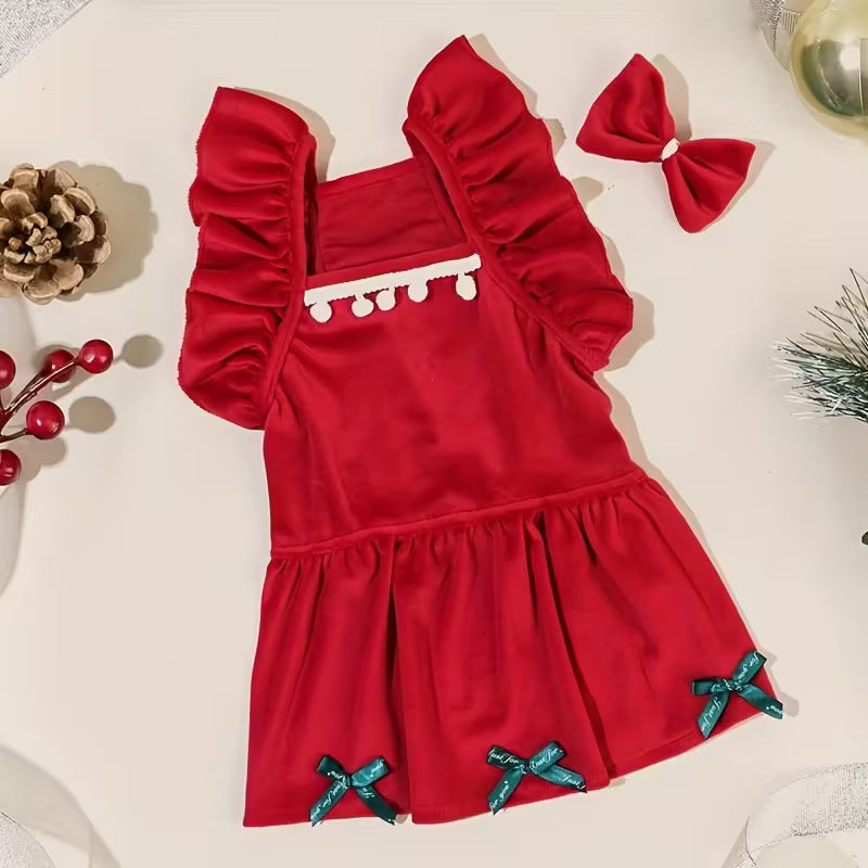 Red Cat Dress with Ruffled Bodice & Flared Bow