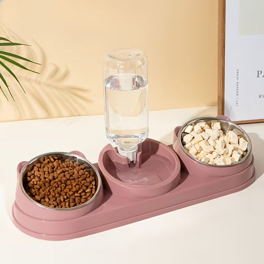 Two In-One Stainless Steel Pink Pet Bowl Set