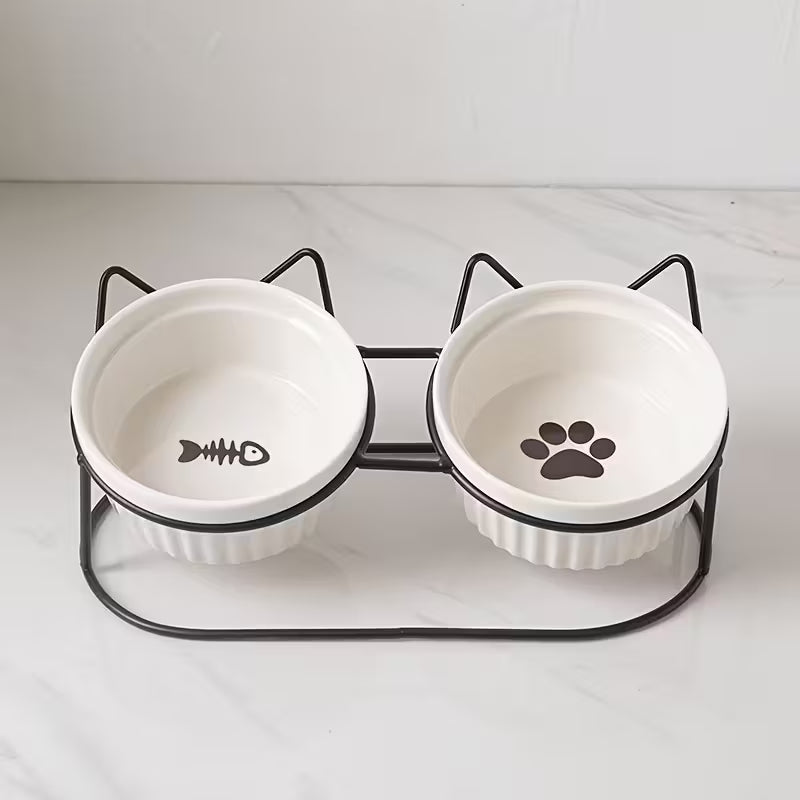 Ceramic Cat Food And Water Bowls With Black Iron Bracket