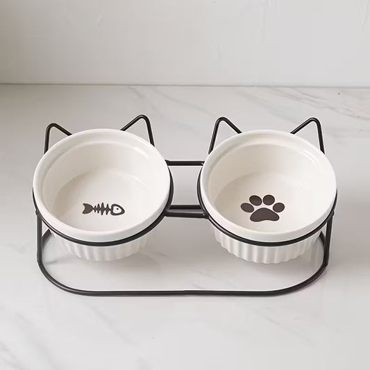 Ceramic Cat Food And Water Bowls With Black Iron Bracket