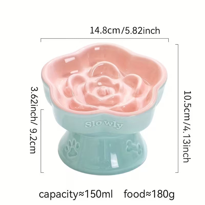 Ceramic Pink and Blue High-Footed Slow Feeder Pet Bowls