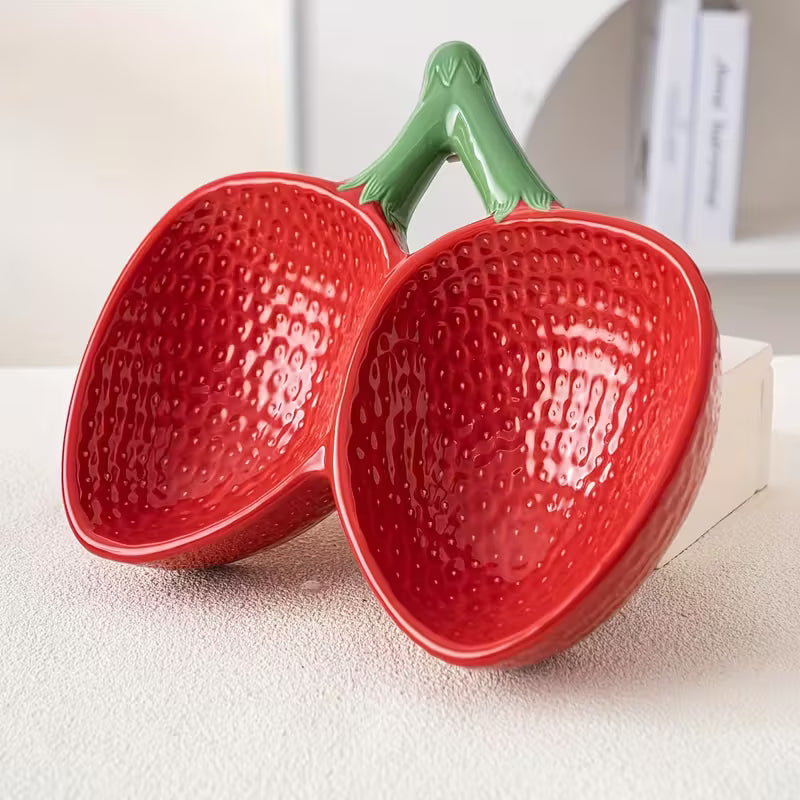 Elevated Ceramic Strawberry Cat Double Bowl