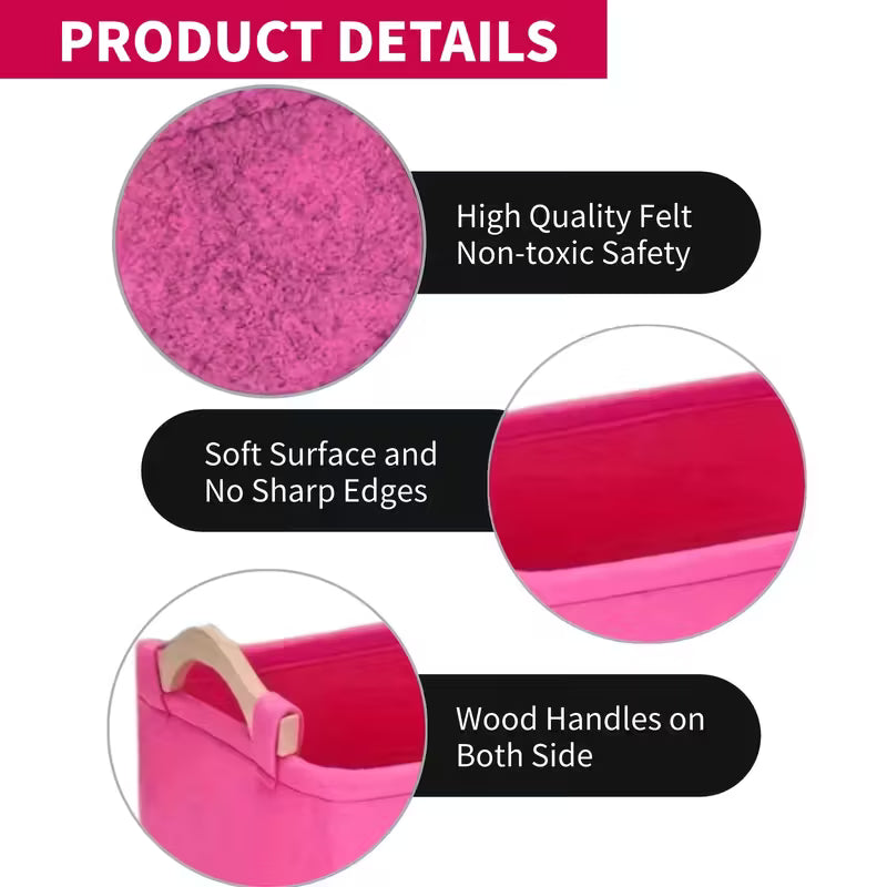 Pink Felt Cat Toy Storage Box with Wooden Handle