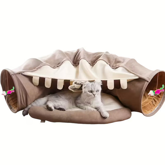 Collapsible Cat Tunnel with Washable Bed
