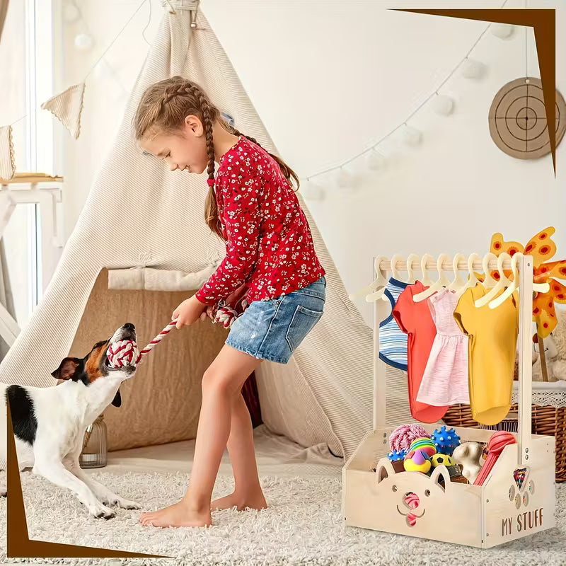 Wooden Pet Closet Organizer with Hanging Rack and Storage Box