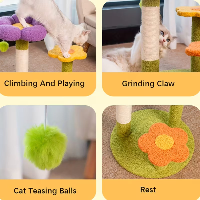 Flower Cat Tree, Sisal Rope Scratching Post With Plush Base